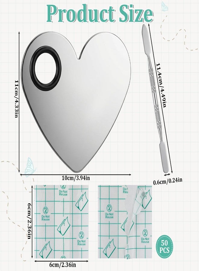 Larrel Makeup Mixing Palette Set, Heart Stainless Steel Cosmetics Palette with Spatula & 50PCS Adhesive Makeup Hand Palettes, Foundation Mixing Palettes for Eyeshadow, Lipsticks and Nail Art - Image 2